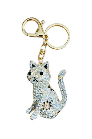 Zirkonyum Taşlı Kedi Tasarımlı Çanta Süsü, Cüzdan Süsü Anahtarlık