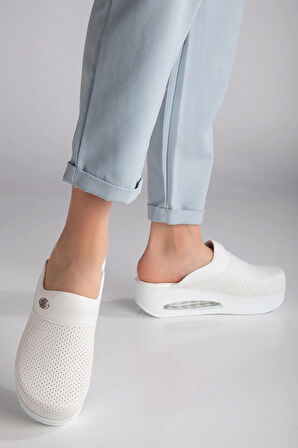 Anatomik Ortopedik Air Taban Dolgu Topuklu Hastane Terlik Beyaz