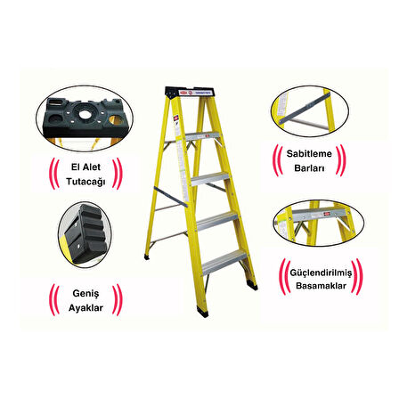 5 Basamak 144 cm Fiberglas Tek Taraflı Elektrikçi Merdiveni