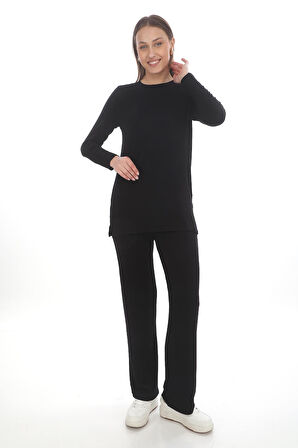 Bisiklet Yaka Viskon Tunik vePantolon Takım-Siyah