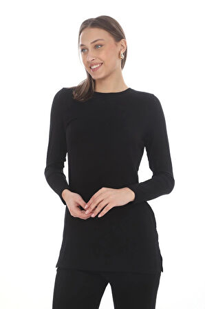 Bisiklet Yaka Viskon Tunik vePantolon Takım-Siyah