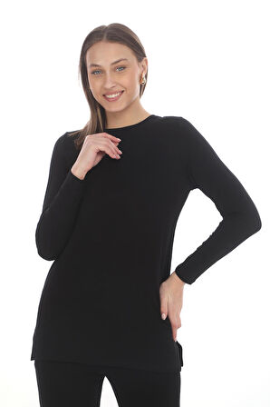 Bisiklet Yaka Viskon Tunik vePantolon Takım-Siyah