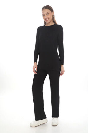 Bisiklet Yaka Viskon Tunik vePantolon Takım-Siyah