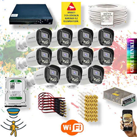 11 Kameralı Set - Gece Renkli Gösteren Hareket Algılayan 5MP SONY Lensli 4 Ultra Warm Ledli FULLHD Güvenlik Kamerası Seti 2304W-9016
