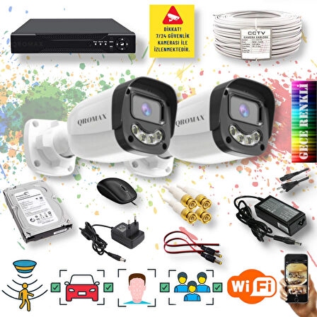 2 Kameralı Set - Yapay Zeka Özellikli Gece Renkli Gösteren 5MP SONY Lensli 4 Ultra Warm Ledli FULLHD Güvenlik Kamerası Seti 2304W-104