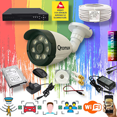 1 Kameralı Set - Yapay Zeka Özellikli Gece Renkli Gösteren 8 Warm Ledli TurboHD Güvenlik Kamerası Seti 3908W-104