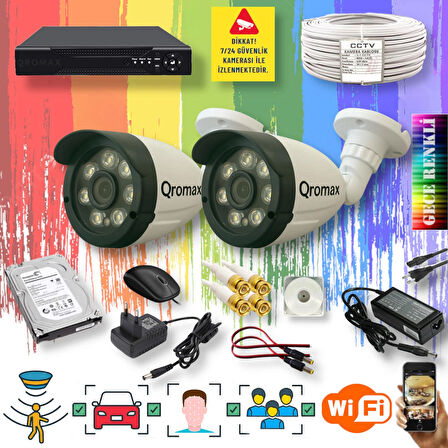 2 Kameralı Set - Yapay Zeka Özellikli Gece Renkli Gösteren 8 Warm Ledli TurboHD Güvenlik Kamerası Seti 3908W-104