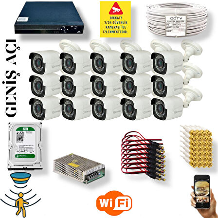 15 Kameralı Set - Geniş Açılı Hareket Algılayan 5mp Sony Lensli FullHD Güvenlik Kamerası Seti 5620-9016