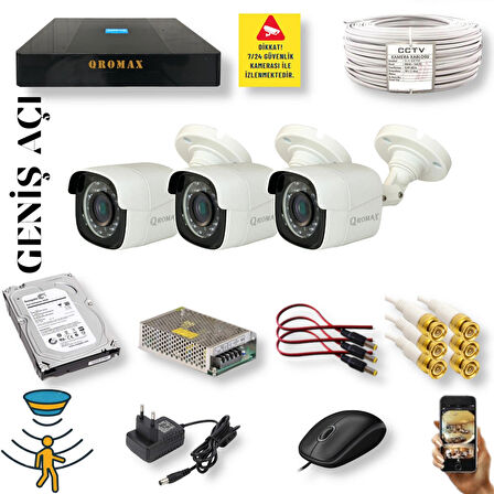 3 Kameralı Set - Geniş Açılı Hareket Algılayan Gece Görüşlü 5 MP Sony Lensli FullHD Güvenlik Kamerası Seti 5620-9004