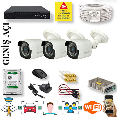 3 Kameralı Set - Yapay Zeka Özellikli Geniş Açılı Gece Görüşlü 5 MP Sony Lensli FullHD Güvenlik Kamerası Seti 5620-104