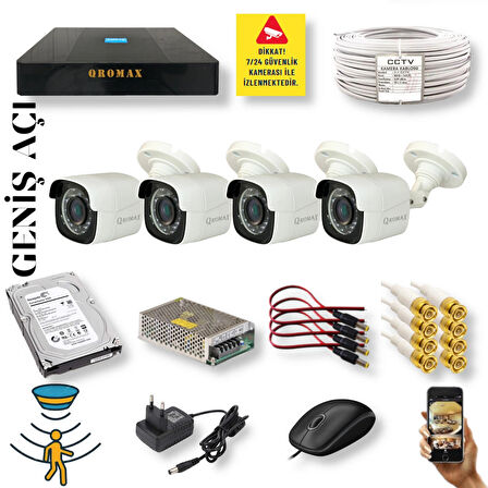 4 Kameralı Set - Geniş Açılı Hareket Algılayan Gece Görüşlü 5 MP Sony Lensli FullHD Güvenlik Kamerası Seti 5620-9004