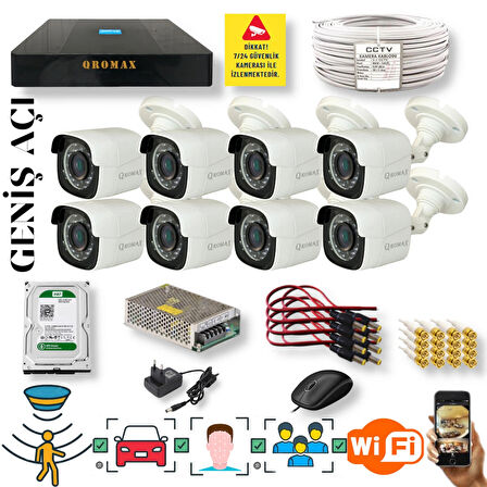 8 Kameralı Set - Geniş Açılı Hareket Algılayan Gece Görüşlü 5 MP Sony Lensli FullHD Güvenlik Kamerası Seti 5620-9008
