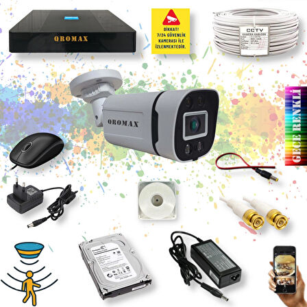 1 Kameralı Set - Gece Renkli Gösteren Hareket Algılayan 5MP SONY Lensli 4 Ultra Warm Ledli 1080P FULLHD Güvenlik Kamerası Seti 604w