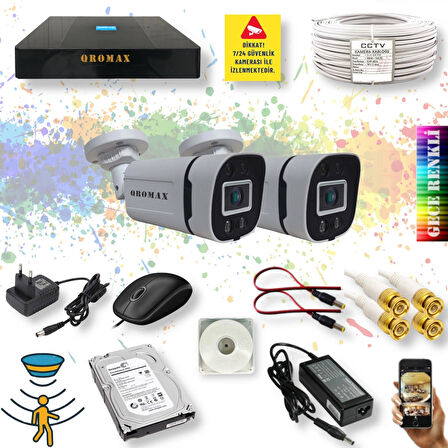 2 Kameralı Set - Gece Renkli Gösteren Hareket Algılayan 5MP SONY Lensli 4 Ultra Warm Ledli 1080P FULLHD Güvenlik Kamerası Seti 604W