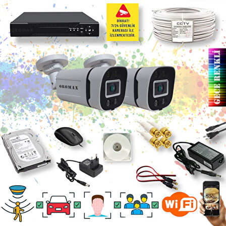 2 Kameralı Set - Yapay Zeka Özellikli Gece Renkli Gösteren 5MP SONY Lensli 4 Ultra Warm Ledli FULLHD Güvenlik Kamerası Seti 604W-114