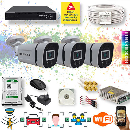 3 Kameralı Set - Yapay Zeka Özellikli Gece Renkli Gösteren 5MP SONY Lensli 4 Ultra Warm Ledli FULLHD Güvenlik Kamerası Seti 604W-114