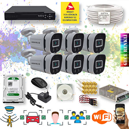 6 Kameralı Set - Yapay Zeka Özellikli Gece Renkli Gösteren 5MP SONY Lensli 4 Ultra Warm Ledli FULLHD Güvenlik Kamerası Seti W-604W-108