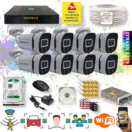 8 Kameralı Set - Yapay Zeka Özellikli Gece Renkli Gösteren 5MP SONY Lensli 4 Ultra Warm Ledli FULLHD Güvenlik Kamerası Seti 604W-9008