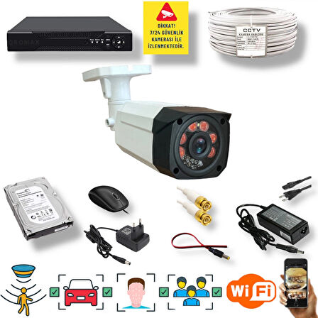 1 KAMERALI SET - İNSAN YÜZ VE HAREKET ALGILAYAN 1080P 5MP SONY LENS GÜVENLİK KAMERASI SETİ 7808