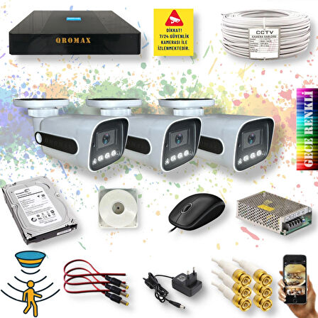 3 Kameralı Set - Gece Renkli Gösteren Hareket Algılayan 5MP SONY Lensli 4 Ultra Warm Ledli 1080P FULLHD Güvenlik Kamerası Seti 784W