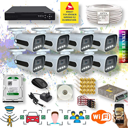 8 Kameralı Set - Yapay Zeka Özellikli Gece Renkli Gösteren Fullhd Güvenlik Kamerası Seti 784w