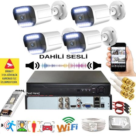 4 Kameralı Set - Yapay Zeka Özellikli Gece Renkli Sesli FullHD 5Mp Lensli 12 Warm Ledli Güvenlik Kamerası Seti 312WS-104