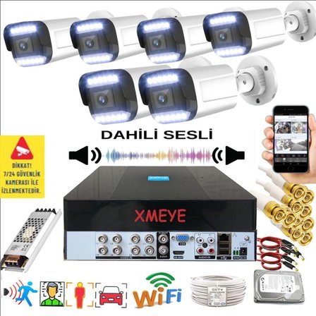 6 Kameralı Set - Yapay Zeka Özellikli Gece Renkli Sesli FullHD 5Mp Lensli 12 Warm Ledli Güvenlik Kamerası Seti 312WS-9008