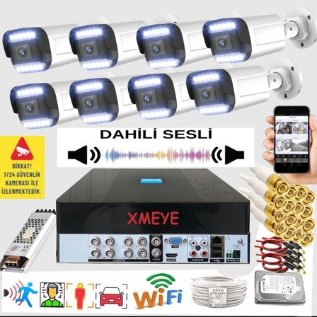 8 Kameralı Set - Yapay Zeka Özellikli Gece Renkli Sesli FullHD 5Mp Lensli 12 Warm Ledli Güvenlik Kamerası Seti 312WS-9008