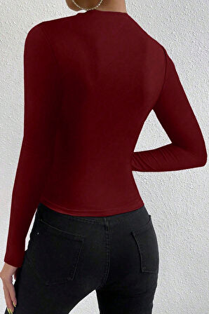 Kadın Bordo Belden Ve Boyundan Büzgü Detaylı Uzun Kollu Bluz - Bordo - XL-2XL