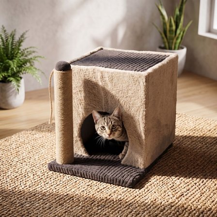 Kedi Evi Tırmalama Tahtalı Peluş Kedi Yuvası Tırmalama Direkli İpli Oyun Alanı 51x35x37 cm