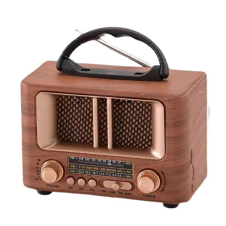 BUFFER® Küçük Mini Boy Retro Ahşap Tasarım Bluetooth Hoparlörlü Radyo – FM/AM Destekli, Şarjlı ve Taşınabilir Radyo NS-8108