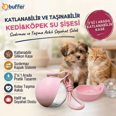 BUFFER® Katlanabilir Kaseli 2’si 1 Arada Kedi Köpek Su Şişesi, Sızdırmaz ve Taşıma Askılı Seyahat Suluk