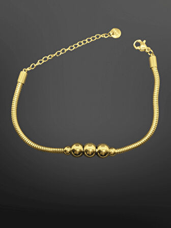Gold Renk Yılan Zincir Üç Boncuk Detaylı 316L Çelik Bileklik  | Zarif ve Modern