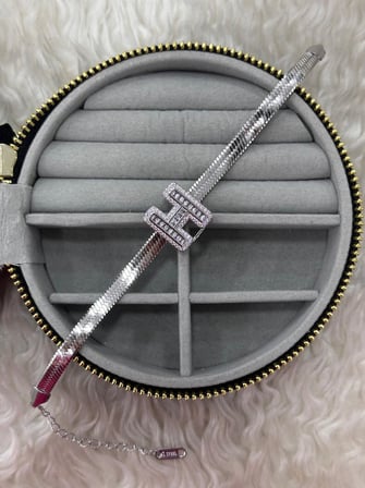 💎 Premium  Gümüş Renk Zirkon Taş Detaylı H Harf Geometrik Tokalı Zincir 316L Çelik Kadın Bileklik (23cm)