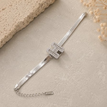 💎 Premium  Gümüş Renk Zirkon Taş Detaylı H Harf Geometrik Tokalı Zincir 316L Çelik Kadın Bileklik (23cm)