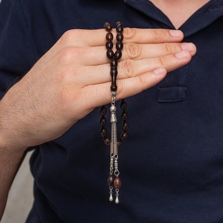 💎 Premium Parlak Eskitmeli Metal Püsküllü Koyu Kahve Arpa Kesim Şık Hediyelik Tesbih