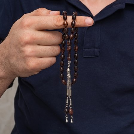 💎 Premium Parlak Eskitmeli Metal Püsküllü Koyu Kahve Arpa Kesim Şık Hediyelik Tesbih