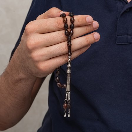💎 Premium Parlak Eskitmeli Metal Püsküllü Koyu Kahve Arpa Kesim Şık Hediyelik Tesbih