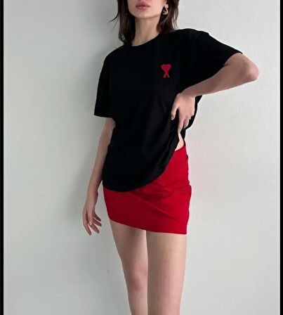 Unisex Bisiklet Yaka Baskılı Oversize T-Shirt - Siyah