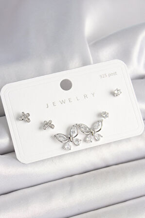 925 Ayar Gümüş Çivi Pirinç Gümüş Renk Zirkon Taşlı Kelebek Model Kadın Küpe Seti