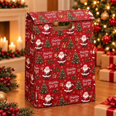 BalGelAl Kırmızı Noel Baba ve Çam Ağacı Desenli Yılbaşı Hediye Paket Çantası - Kulplu Dekoratif Karton Hediye Poşeti - 1'li