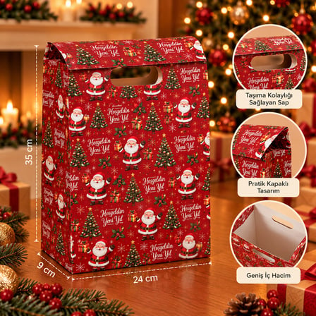 BalGelAl Kırmızı Noel Baba ve Çam Ağacı Desenli Yılbaşı Hediye Paket Çantası - Kulplu Dekoratif Karton Hediye Poşeti - 1'li