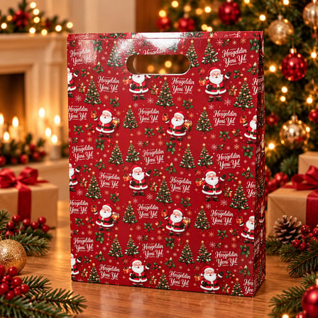 BalGelAl Kırmızı Noel Baba ve Çam Ağacı Desenli Yılbaşı Hediye Paket Çantası - Kulplu Dekoratif Karton Hediye Poşeti - 1'li