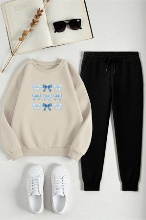 Unisex Kurdele Tasarım Baskılı Bisiklet Yaka Sweatshirt 2'li Eşofman Takımı