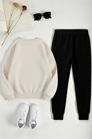 Unisex Kurdele Tasarım Baskılı Bisiklet Yaka Sweatshirt 2'li Eşofman Takımı