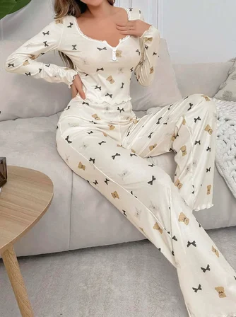 Kadın Ekru Ayıcık ve Fiyonk Desenli Yumuşak Pamuklu Uzun Pijama Takımı-Beyaz-L/XL