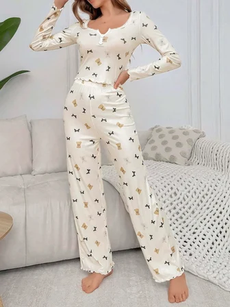 Kadın Ekru Ayıcık ve Fiyonk Desenli Yumuşak Pamuklu Uzun Pijama Takımı-Beyaz-L/XL