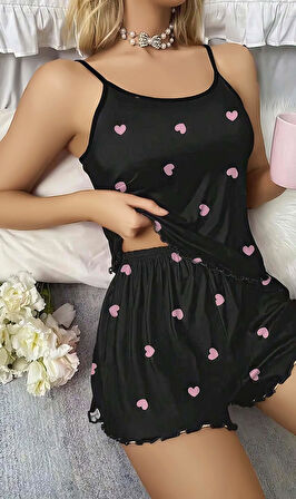 Kadın Siyah Kalp Desenli Seksi Gecelik Takım 6660 - L-XL - SİYAH