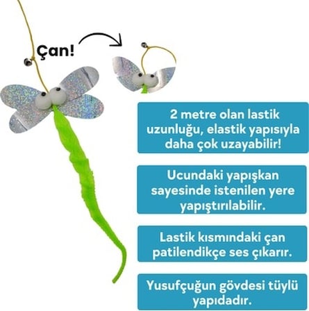 BakGelAl Yusufçuk Kendinden Yapışkanlı ve Ses Çıkaran Kedi Oltası 2 Metre Lastikli Elastik Kedi Oyun Oltası