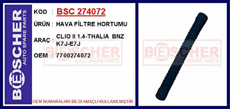 HAVA FİLTRE HORTUMU CLIO 2 1.4-THALIA BNZ K7J-E7J 7700274072